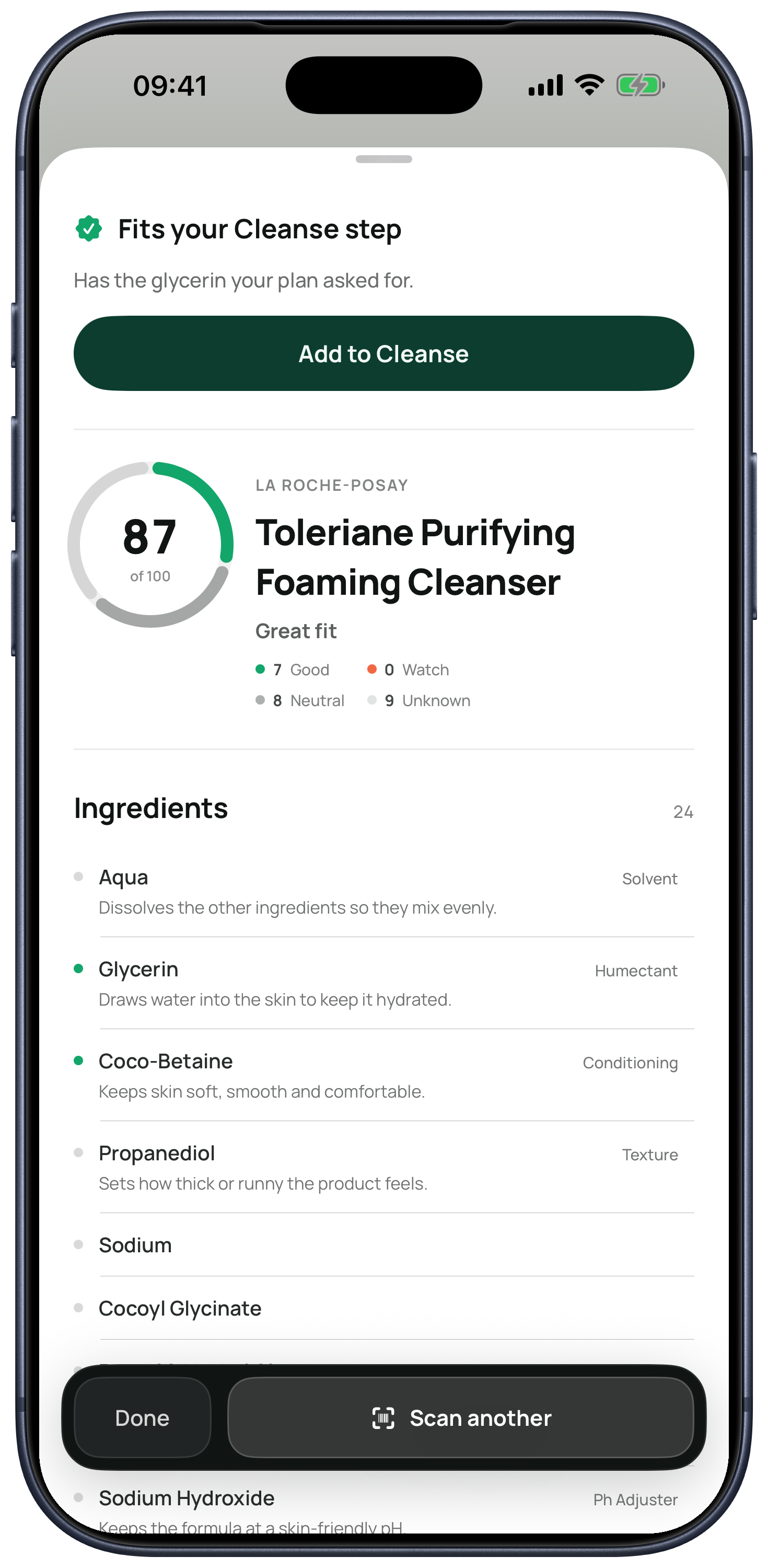 Kelp skincare ingredient checker on iPhone, showing a cleanser score, routine step, and ingredient list