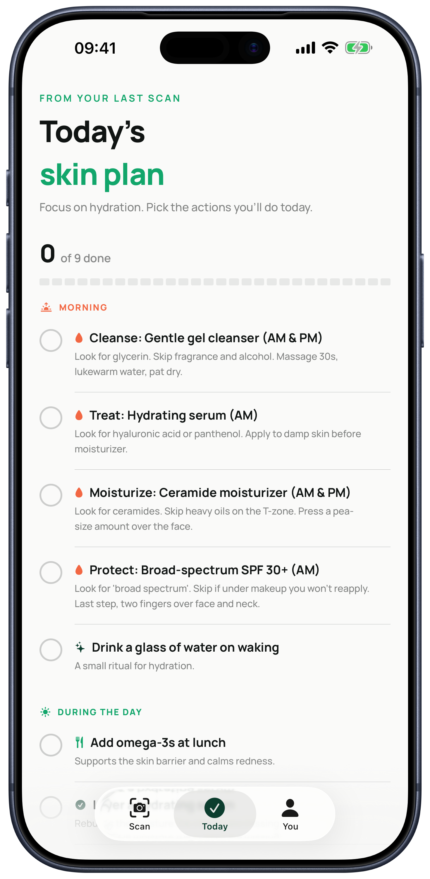 Kelp personalized skincare routine on iPhone, showing morning, nutrition, and daily habit actions